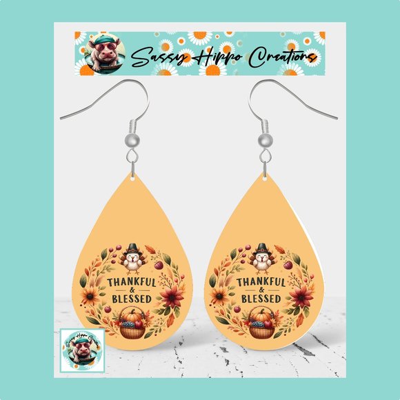 Earrings Thankful and Blessed Turkey Thanksgiving Pumpkin Hand Sublimated Print - Picture 1 of 4